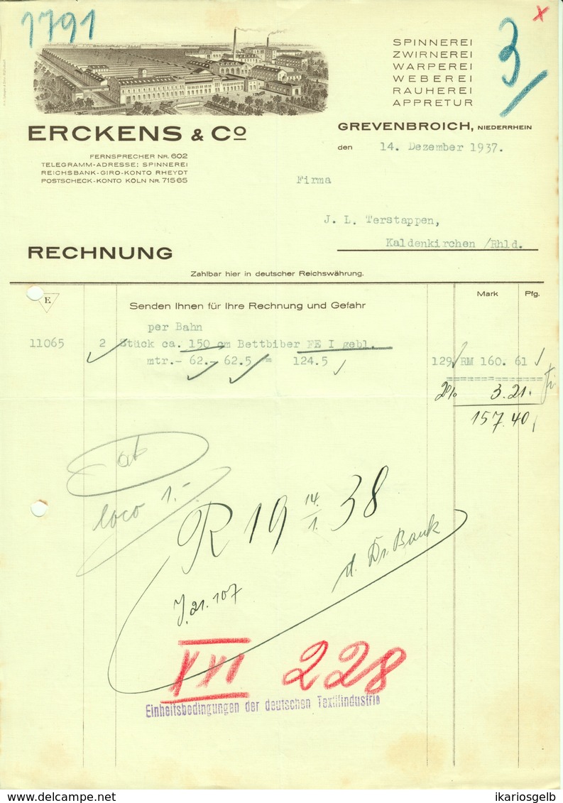 GREVENBROICH B Neuß Rechnung 1937 Deko " Erckens & Co - Spinnerei Zwirnerei Warperei Weberei " - Textile & Vestimentaire