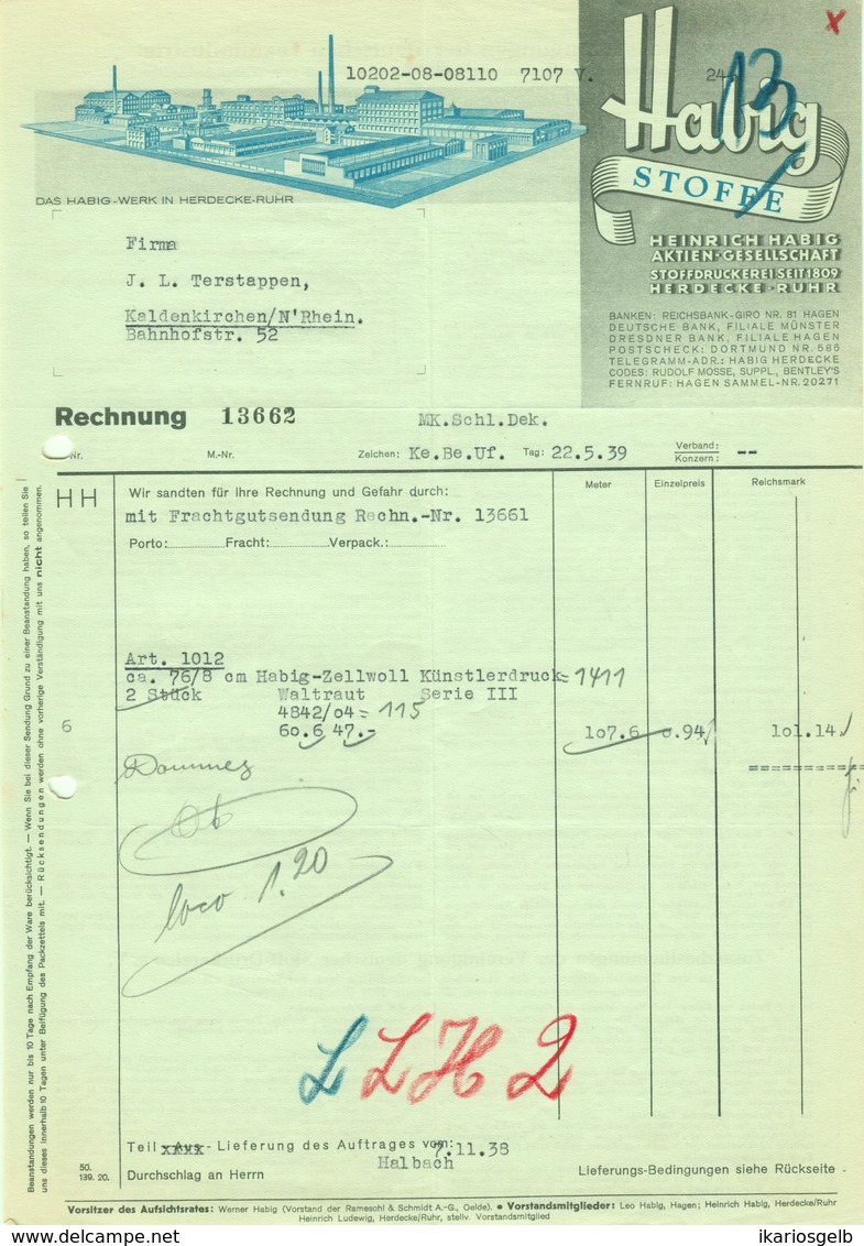 HERDECKE Ruhr Rechnung 1939 Deko " Heinrich Habig AG - Stoffdruckerei " - Kleidung & Textil