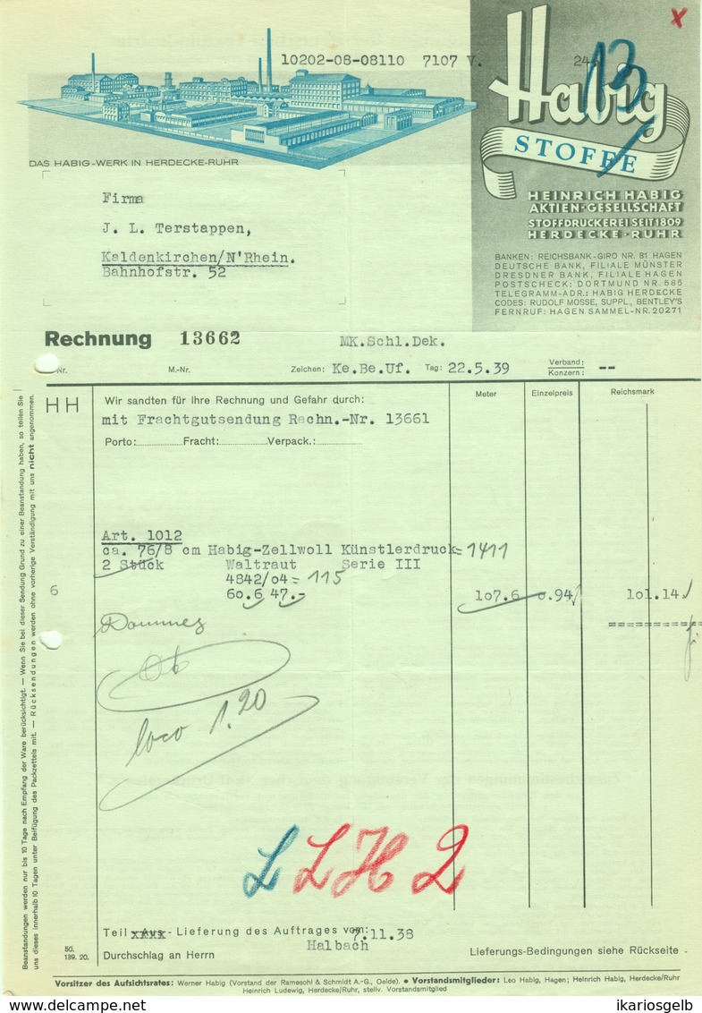 HERDECKE Ruhr Rechnung 1939 Deko " Heinrich Habig AG - Stoffdruckerei " - Textile & Clothing