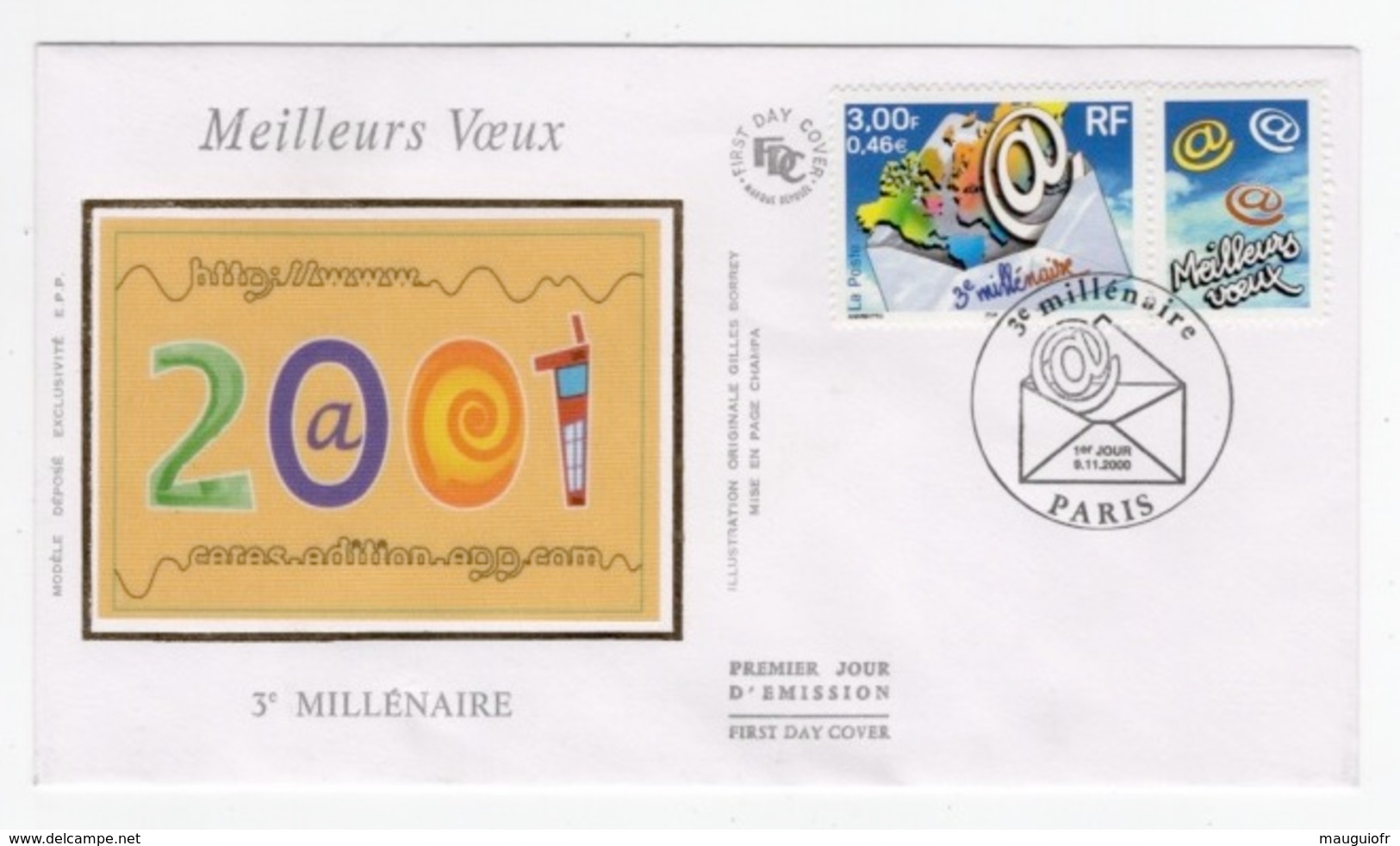 DF / FDC DU TP 3365 MEILLEURS VOEUX 2001 3e MILLÉNAIRE / OBL. PARIS - 2000-2009