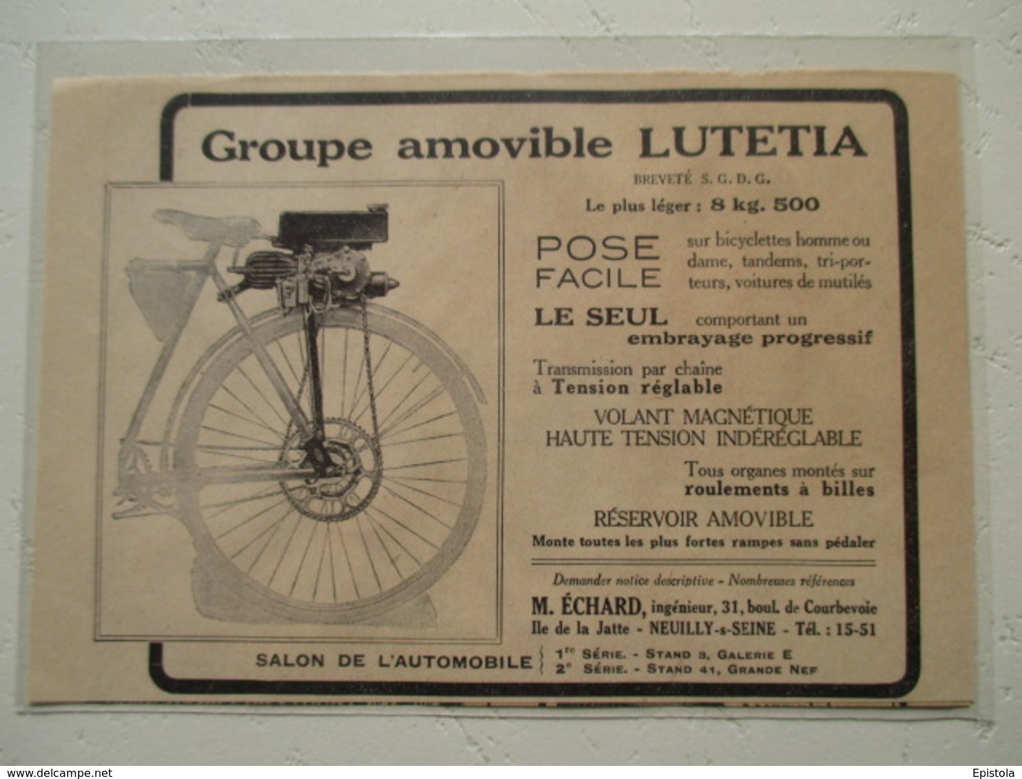 Motocyclette Française     " Groupe Moteur Pour MOTO  Ets LUTETIA Neuilly Sur Seine " - Coupure De Presse De 1923 - Motos