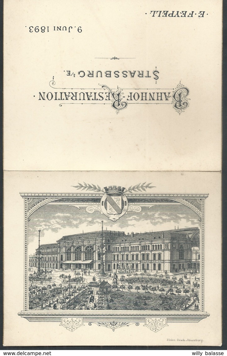 Menu 4 Volets 1893 Banhof Restauration Strassburg (Strasbourg) Illustré.(12,5 X 10 Plié) - Menus