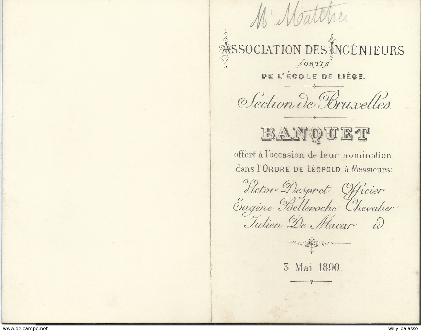 Menu 4 Volets 1890 "Association Des Ingénieurs Sortis De L'Ecole De Liège" Section De Bruxelles - Menus
