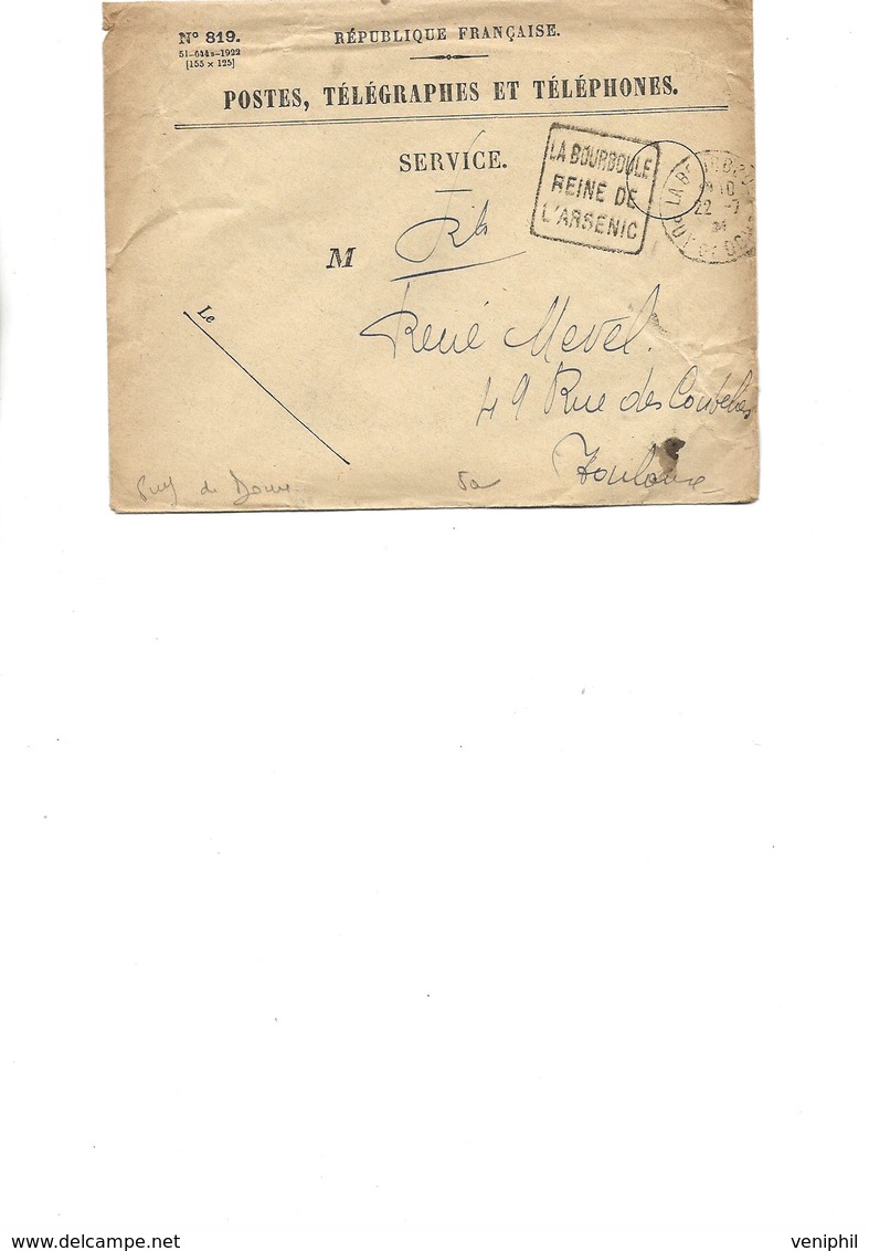 OBLITERATION TYPE DAGUIN SUR  LETTRE  FRANCHISE POSTE - "LA BOURBOULE REINE DE L'ARSENIC - PUY DE DOME -1924 - Mechanical Postmarks (Advertisement)