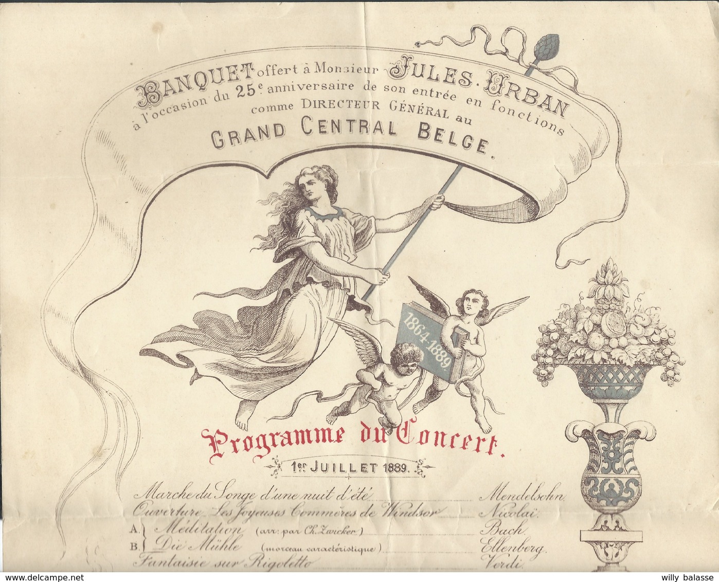 Banquet à J. Urban Direct Gén Du Grand Central Belge (chemins De Fer) 1889 Programme Du Concert Illustré Train 24X34cm - Menus