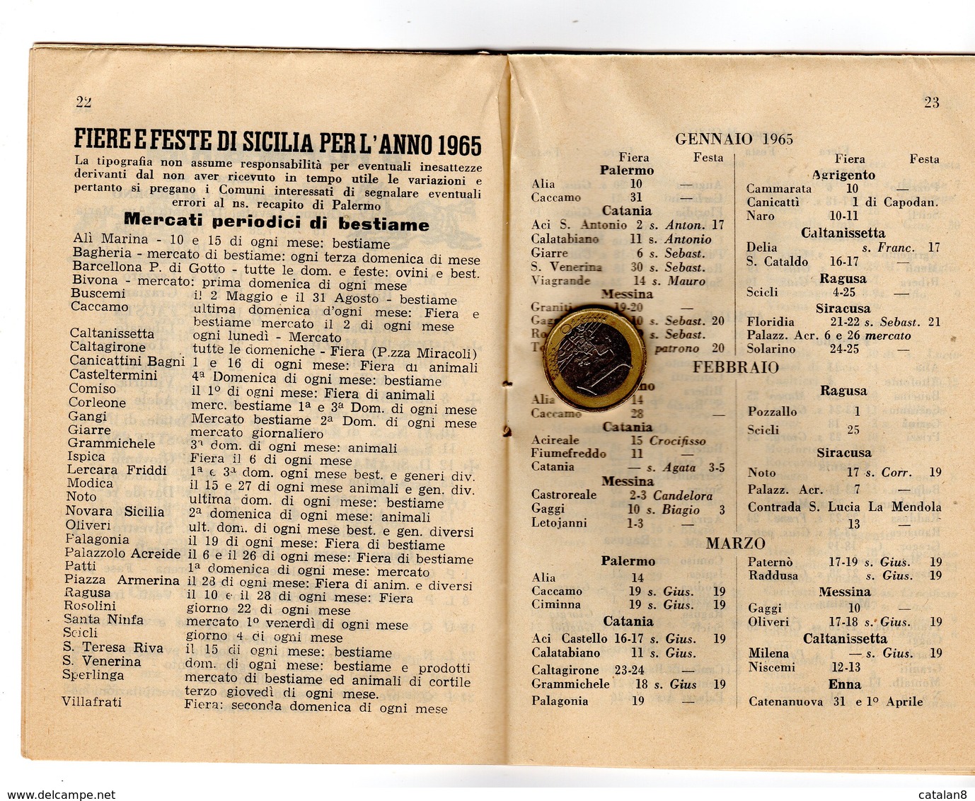 P0060 CALENDARIO PROFETICO 1965 BARBA BIANCA CON FIERE E FESTE DI SICILIA TIPOGRAFIA FIAMMA SERAFICA CAPPUCCINI PALERMO - Petit Format : 1961-70