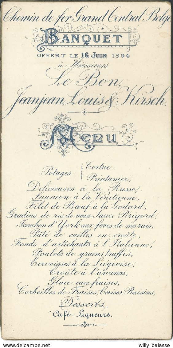 Menu 1894 Chemin De Fer Du Grand Central Belge à Mrs Le Bon, Jeanjean Et Kirsch - Menus