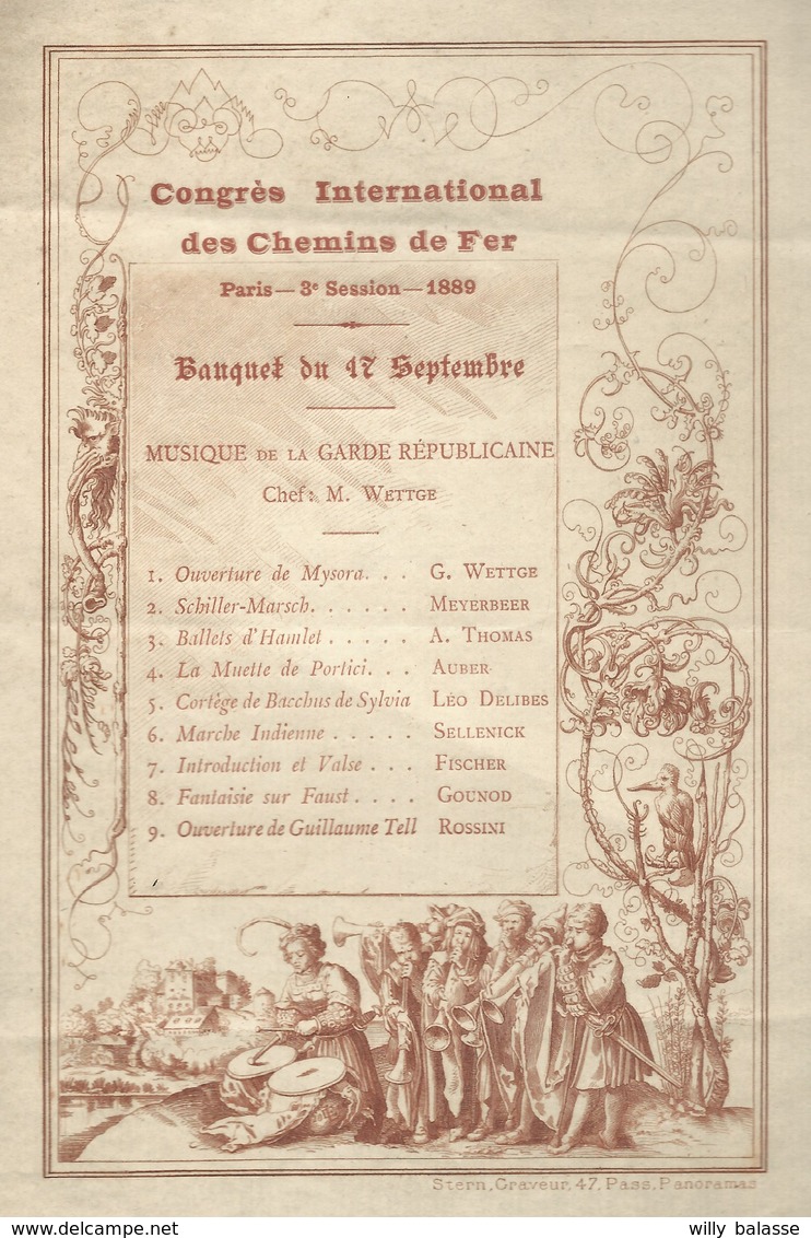 Menu 1889 Banquet Illustré  Congrès Intern Des Chemins De Fer Paris Avec Musique De La Garde Républicaine - Menus