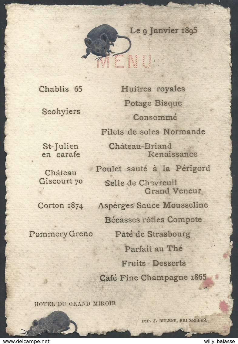 Menu 1895 Illustré "Souris / Rats" à Hôtel Du Grand Miroir Bruxelles - Menus