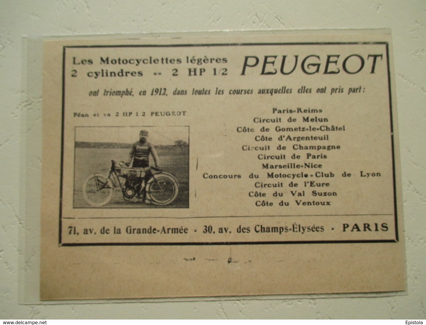 Motocyclette PEUGEOT 2 Cyl.    - Coupure De Presse De 1913 - Motos