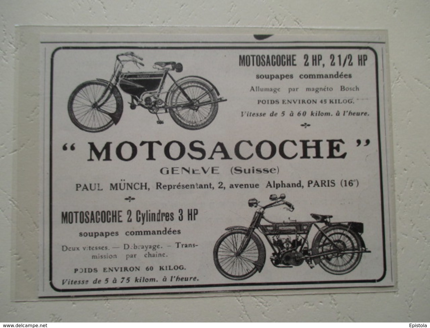 Bicyclette à Moteur Suisse "MOTOSACOCHE"   - Coupure De Presse De 1912 - Motos