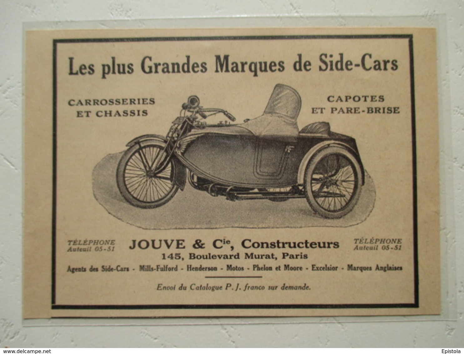 Motocyclette   SIDE-CAR  -  Ets Jouve & Cie à Auteuil - 145 Boulevard Murat   - Coupure De Presse De 1933 - Machines