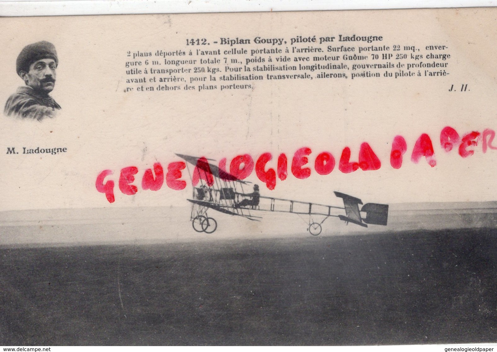 AVIATION - BIPLAN GOUPY PILOTE PAR LADOUGNE  AVION - Aviateurs