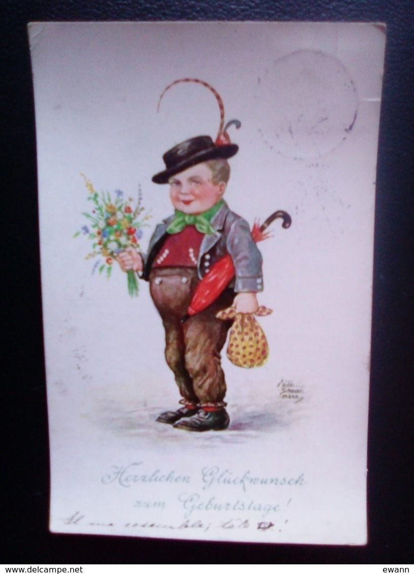 Carte Postale Ancienne - Illustration Willi Scheuermann - Homme Avec Bouquet De Fleurs ( Joyeux Anniversaire) - Scheuermann, Willi