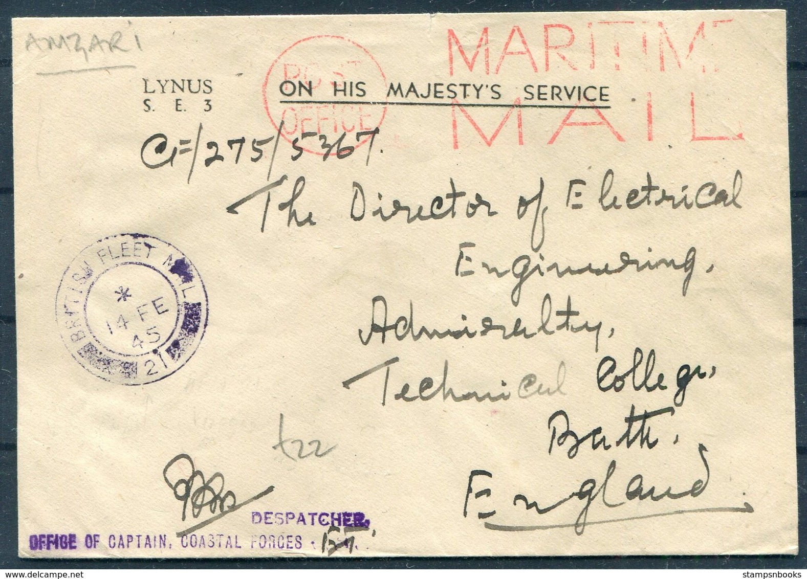 1945 Maritime Mail,British Fleet Mail,Censor Cover - Bath Technical College.Coastal Forces Captain Office (HMS Amzari?) - Lettres & Documents