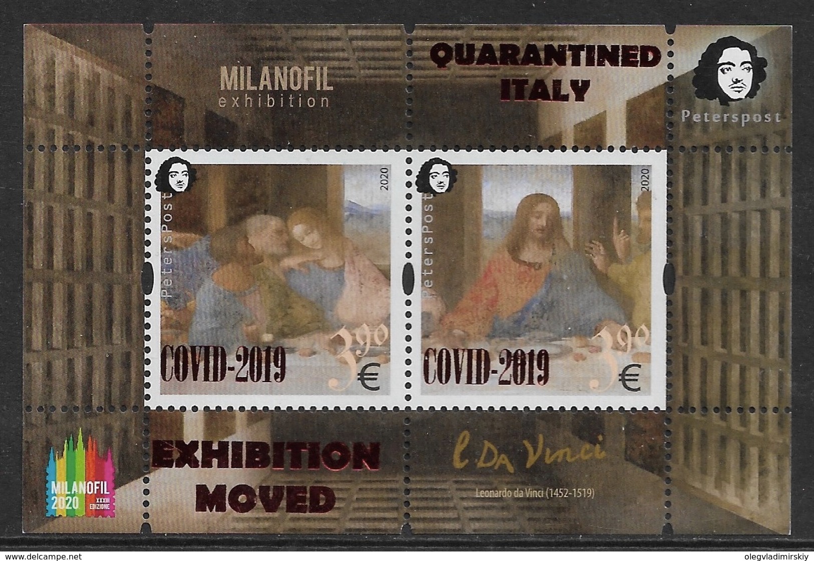 Finland. Peterspost. Quarantined Italy. COVID-2019. Leonardo Da Vinci. Perforated Block With Overprint - Neufs