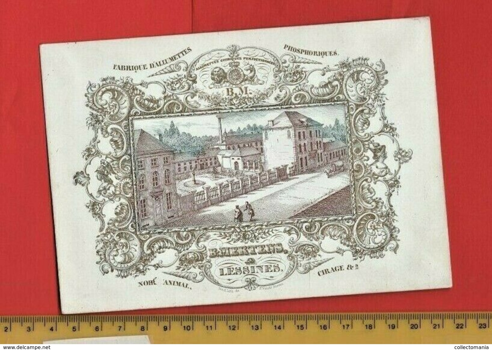 LESSINES C1845 Litho Porselaine Hand Press Visit Card PYROGENE Match Factory PHOSPHORIQUE  VG 17,2cm X  12 Cm - Porcelana