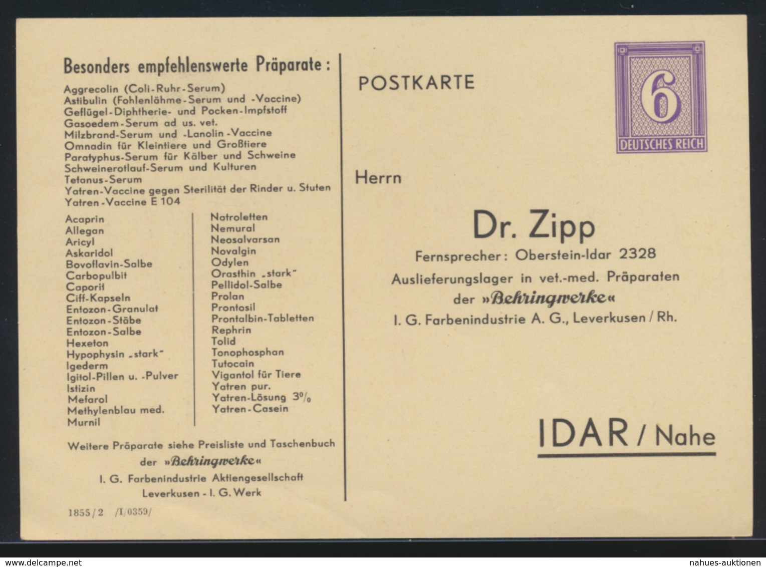 Deutsches Reich Privatganzsache PP 158 Dr. Zipp Idar Nahe DV 1855 2 I 0359 - Other & Unclassified