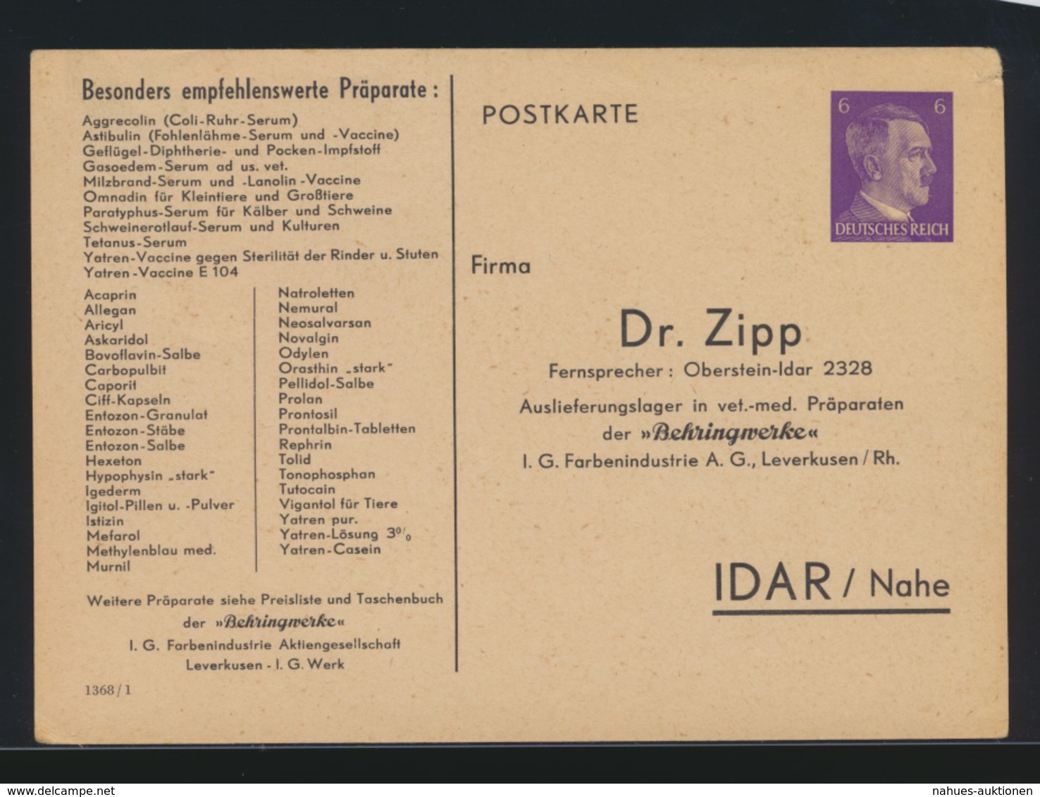 Deutsches Reich Privatganzsache PP 156 B Dr. Zipp Idar Nahe DV 1368 1 Bei Frech - Other & Unclassified