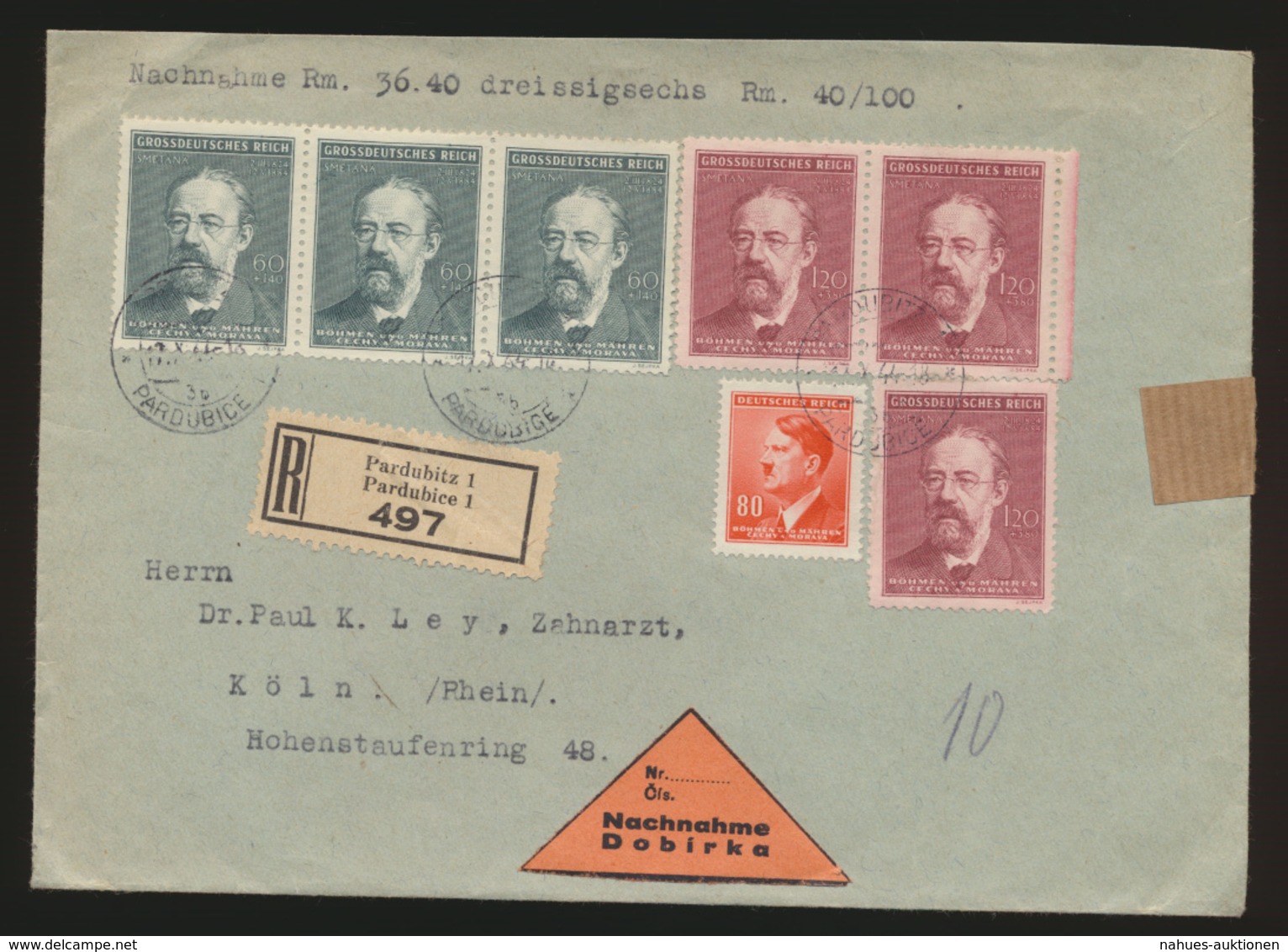 Besetzung Böhmen & Mähren Nachnahme R Brief Pardubitz Pardubice Nach Köln - Occupation 1938-45