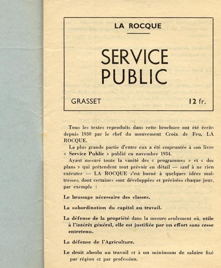 Brochure - Histoire - Avant Guerre 1939-1945 - Programme Social Croix De Feu - Politique - La Rocque - Programmes