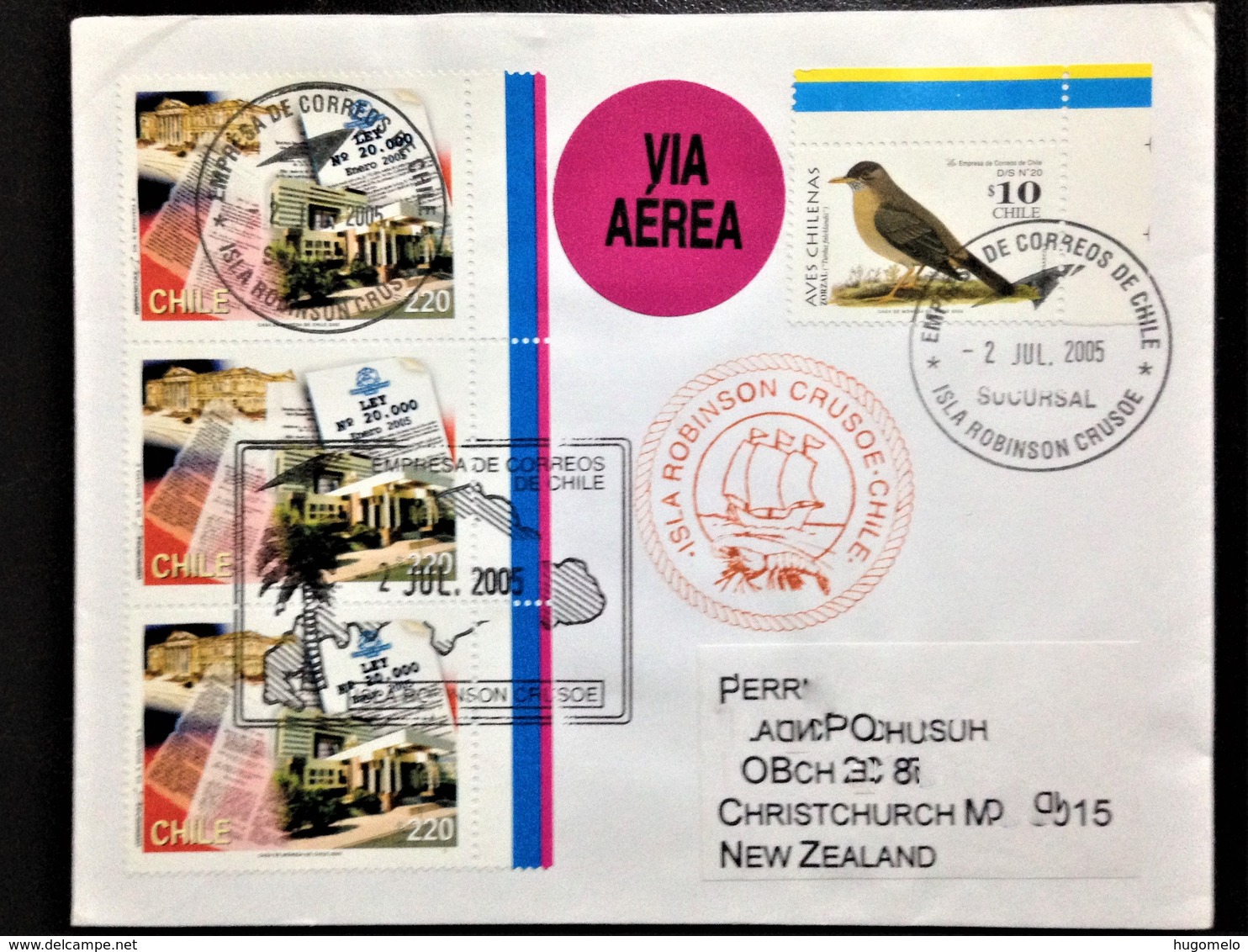 Chile, Isla Robin Crusoe, Circulated Cover To New Zealand, "Ships", "Fauna", "Birds", 2005 - Chili