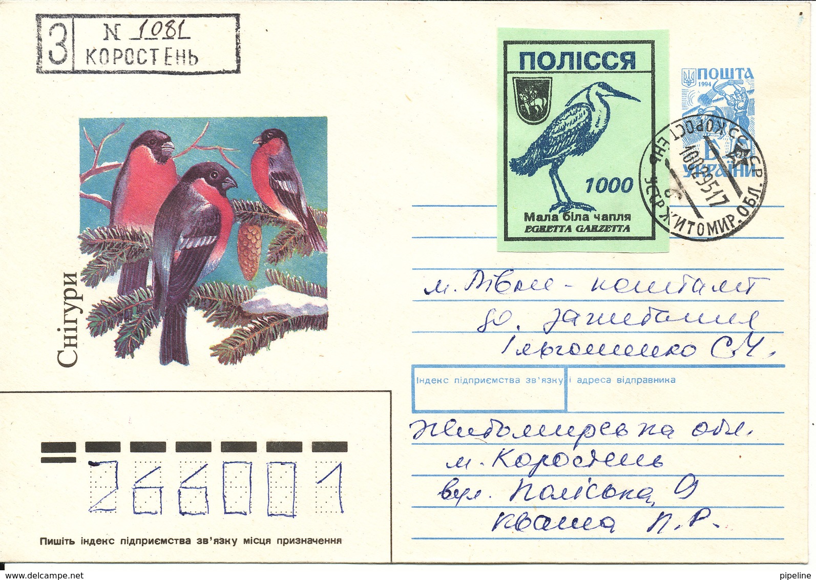 Ukraine Registered Postal Stationery Cover 10-2-1995 Also With A BIRD Seal - Ukraine