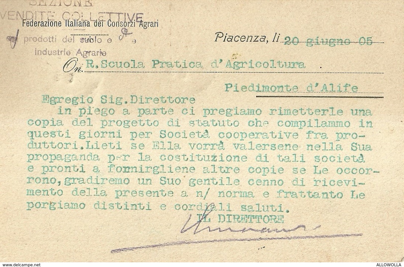 6957 " FEDERAZIONE ITALIANA DEI CONSORZI AGRARI "-CART. POST. ORIG.  SPEDITA 1905 - Altri & Non Classificati