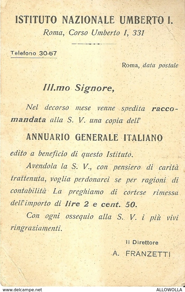 6958 " ISTITUTO NAZIONALE UMBERTO I,PER GLI ORFANI DEGLI IMPIEGATI SUBALTERNI..... "-CART. POST. ORIG.  SPEDITA 1915 - Altri & Non Classificati