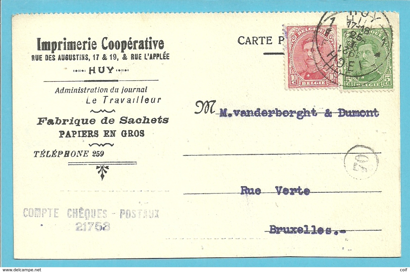 137+138 Op Kaart Stempel HUY, Hoofding "Imprimerie Cooperative", Jaarblok Omgedraaid Aangebracht !!  (VK) - 1915-1920 Albert I