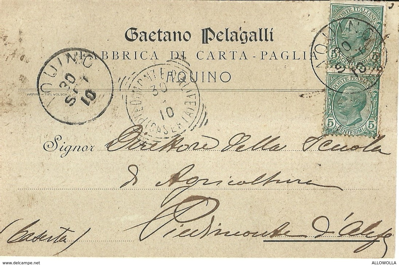 6961 " GAETANO PELAGALLI-FABBRICA DI CARTA PAGLIA-AQUINO"-CART. POST. ORIG.  SPEDITA 1910 - Altri & Non Classificati