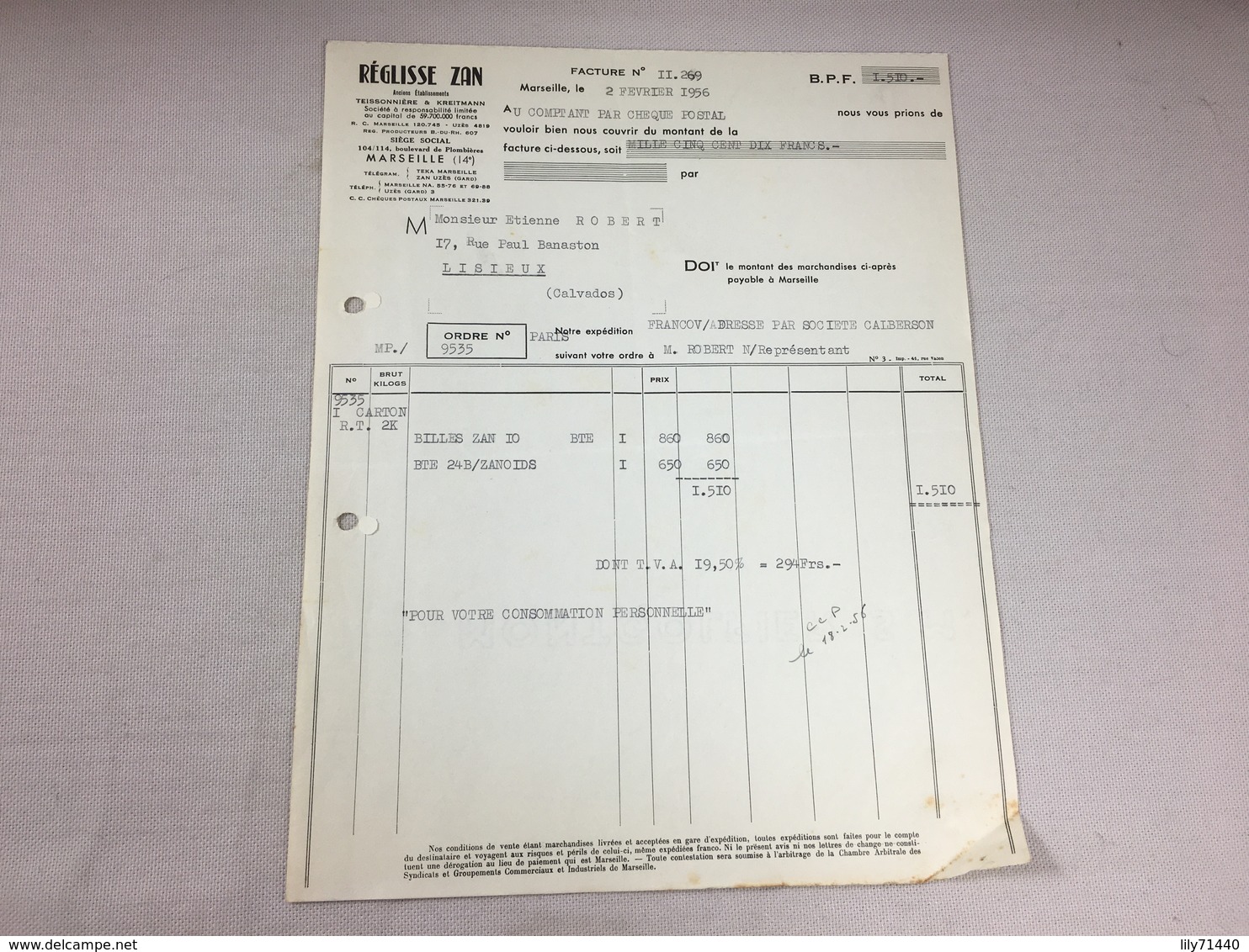 Authentique Et Ancienne Facture Vintage Réglisse ZAN Marseille Année 50/60 Old Invoice - Factures