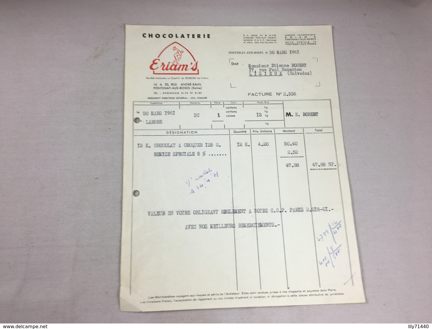 Authentique Et Ancienne Facture Vintage Chocolat Eriam's Fontenay Aux Roses Année 50/60 Old Invoice - Rechnungen