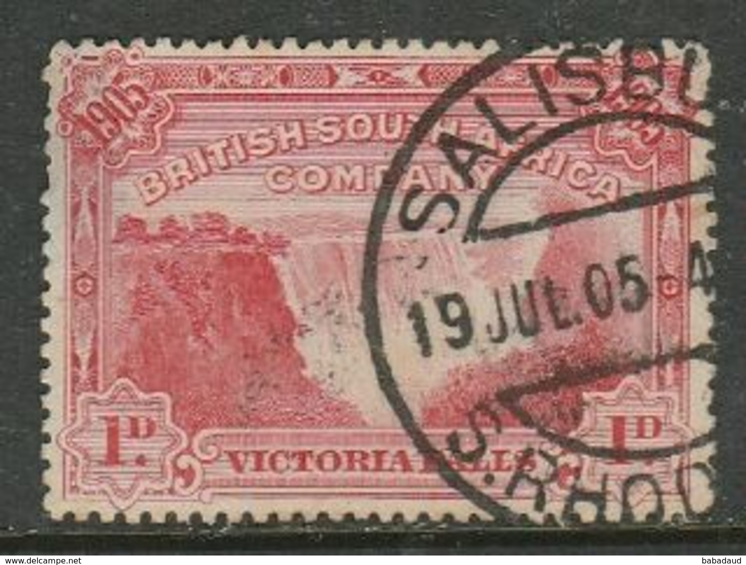 Rhodesia / B.S.A.Co.,EVIIR, 1905 Victoria Falls,1d, Perf 14, Used SALISBURY 19 JUL 05, (THINNED) - Southern Rhodesia (...-1964)