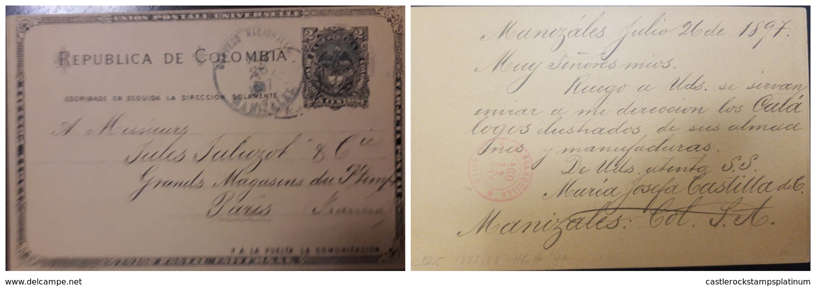 O) 1897 COLOMBIA, COAT OF ARMS 2c - POSTAL STATIONERY FROM MANIZALES TO PARIS, TRANSIT POR BARRANQUILLA - Colombia