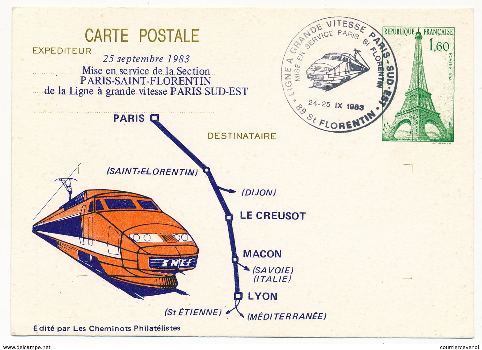 FRANCE - Entier Repiqué "Ligne à Grande Vitesse Paris Sud Est - 89 St Florentin" 24-25/9/1983 - Trenes