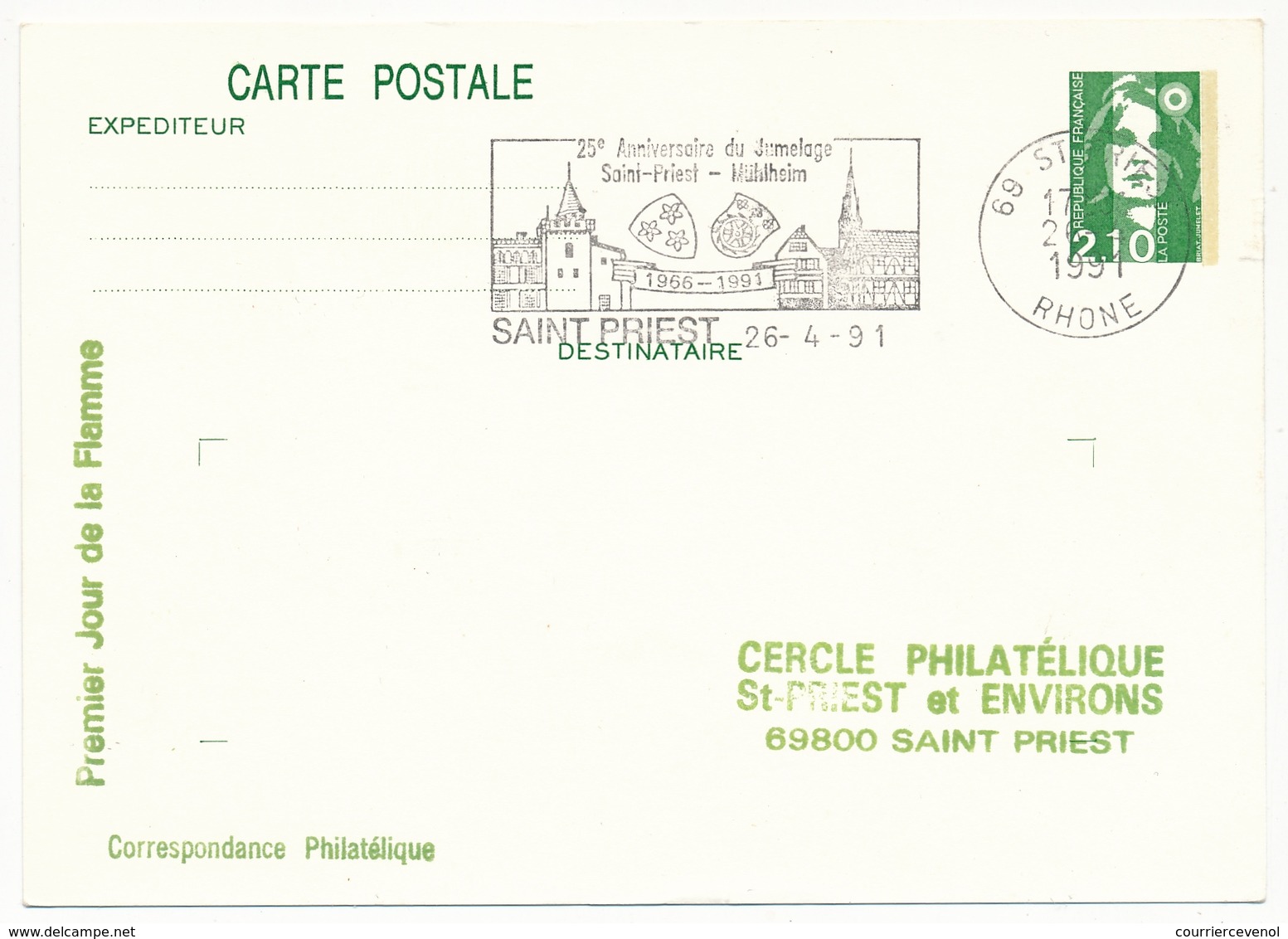 FRANCE - Entier CP 2,10 Briat Premier Jour Flamme "25eme Anniversaire Jumelage Saint Priest - Mülheim" 26/4/1991 - Overprinter Postcards (before 1995)