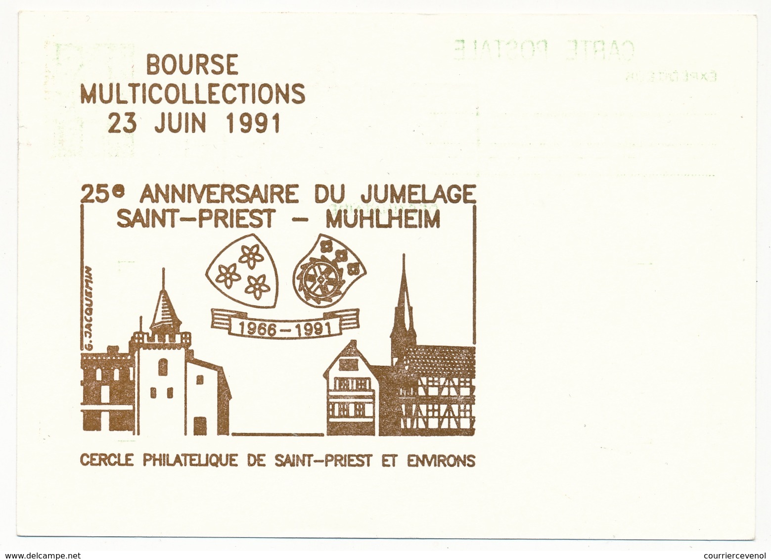 FRANCE - Entier CP 2,10 Briat Premier Jour Flamme "25eme Anniversaire Jumelage Saint Priest - Mülheim" 26/4/1991 - Postales  Transplantadas (antes 1995)