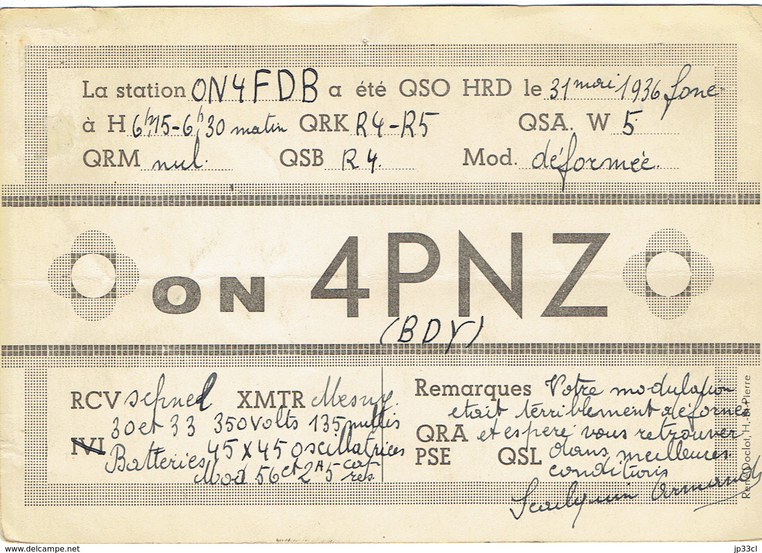 Très Ancienne QSL De ON4 PNZ, Armand Scailquin, Haine-Saint-Paul (31 Mai 1936) - Radio Amateur