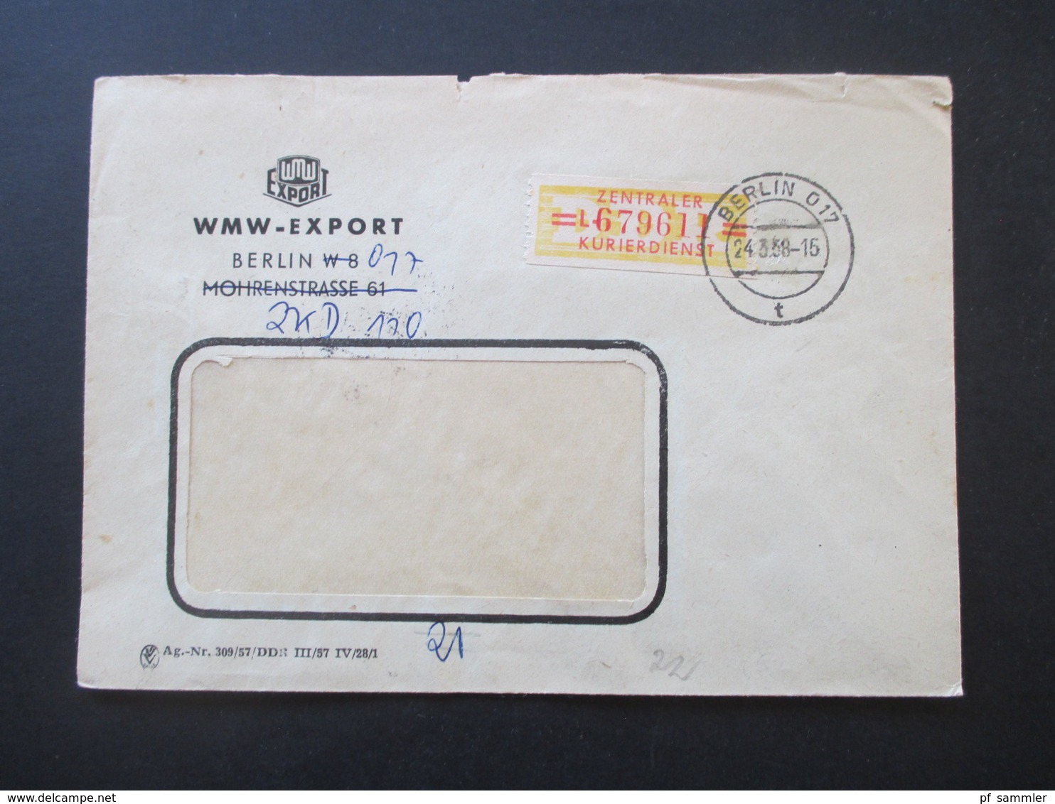 DDR 1958 Dienstpost ZKD Wertstreifen Nr. 17 EF Firmenumschlag WMW Export Berlin 017 Nach Beeskow - Other & Unclassified