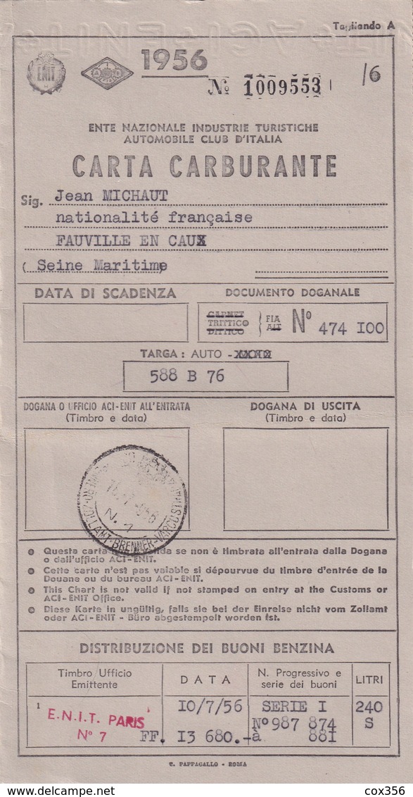 CARTA CARBURANTE 1956 Pour Un Français De FAUVILLE EN CAUX 76 - Autres & Non Classés