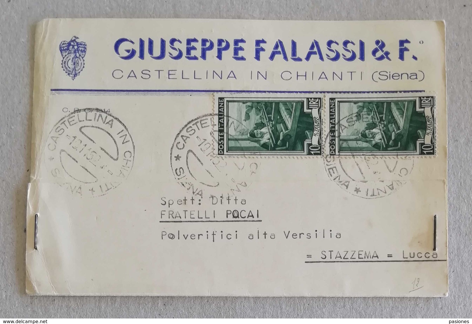 Cartolina Postale Con Testata Pubblicitaria "Giuseppe Falassi & F." Castellina In Chianti Per Stazzema (LU) - 19/11/1952 - 1946-60: Marcofilia