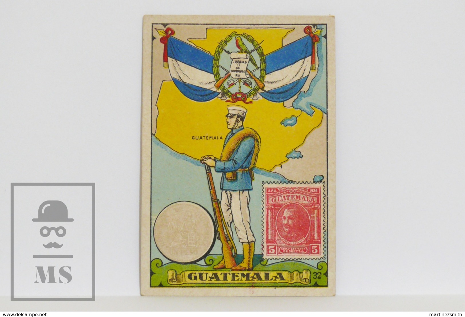 Antique Trading Card - 32, Guatemala. Country, Flag, Soldier, Coin & Stamp - Autres & Non Classés