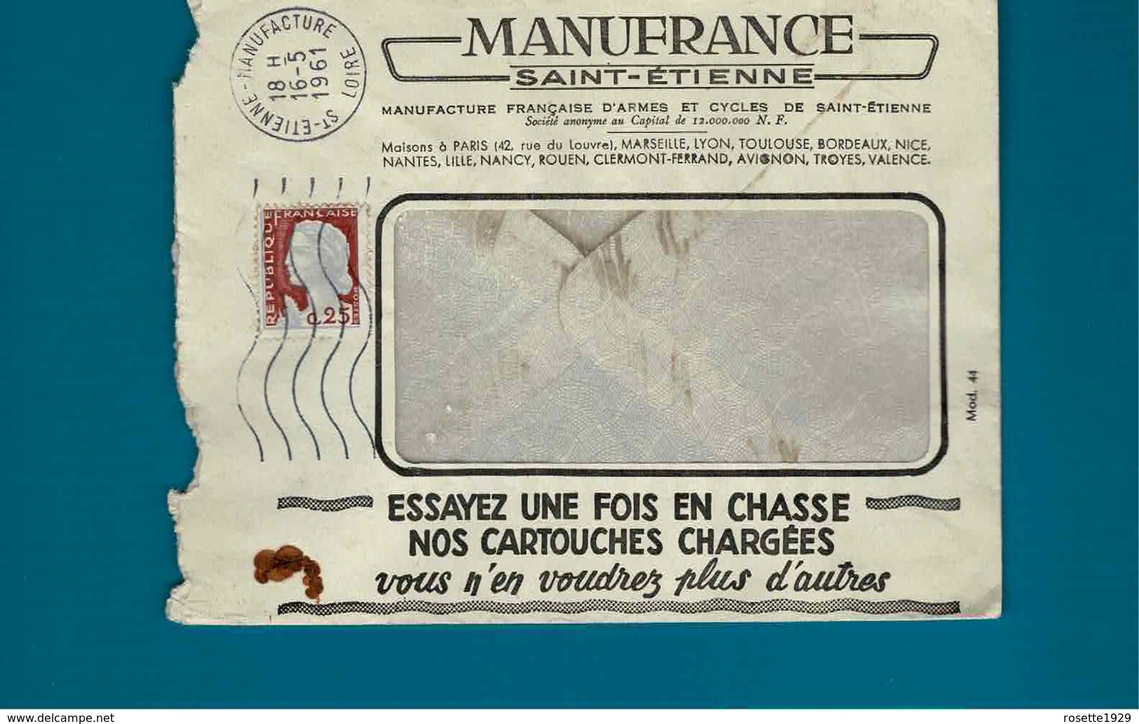 OBL ST Etienne Manufacture,Marianne De Decaris Sur Enveloppe Manufrance Saint Etienne,pub Chasse Et Cartouches - 1961-....