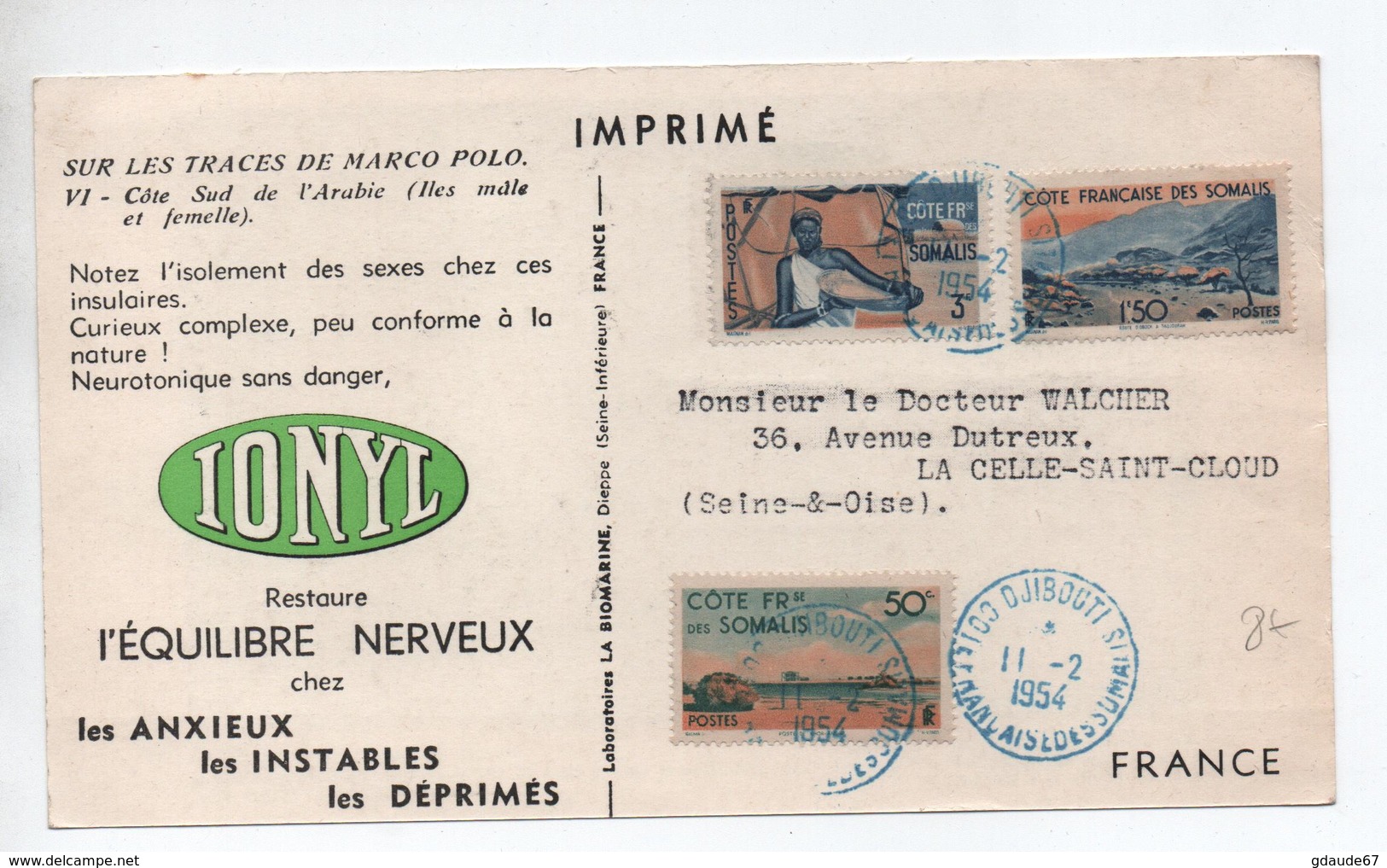 1954 - COTE FRANCAISE DES SOMALIS - IMPRIME PUBLICITAIRE PUB SANTE De DJIBOUTI - Covers & Documents