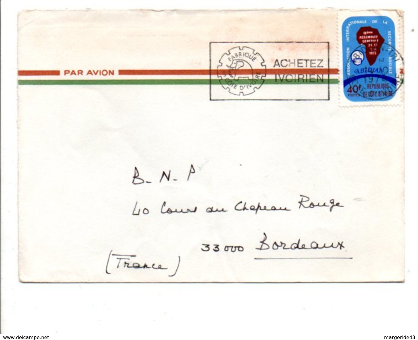 COTE D'IVOIRE LETTRE POUR LA FRANCE 1974 - Mali (1959-...)