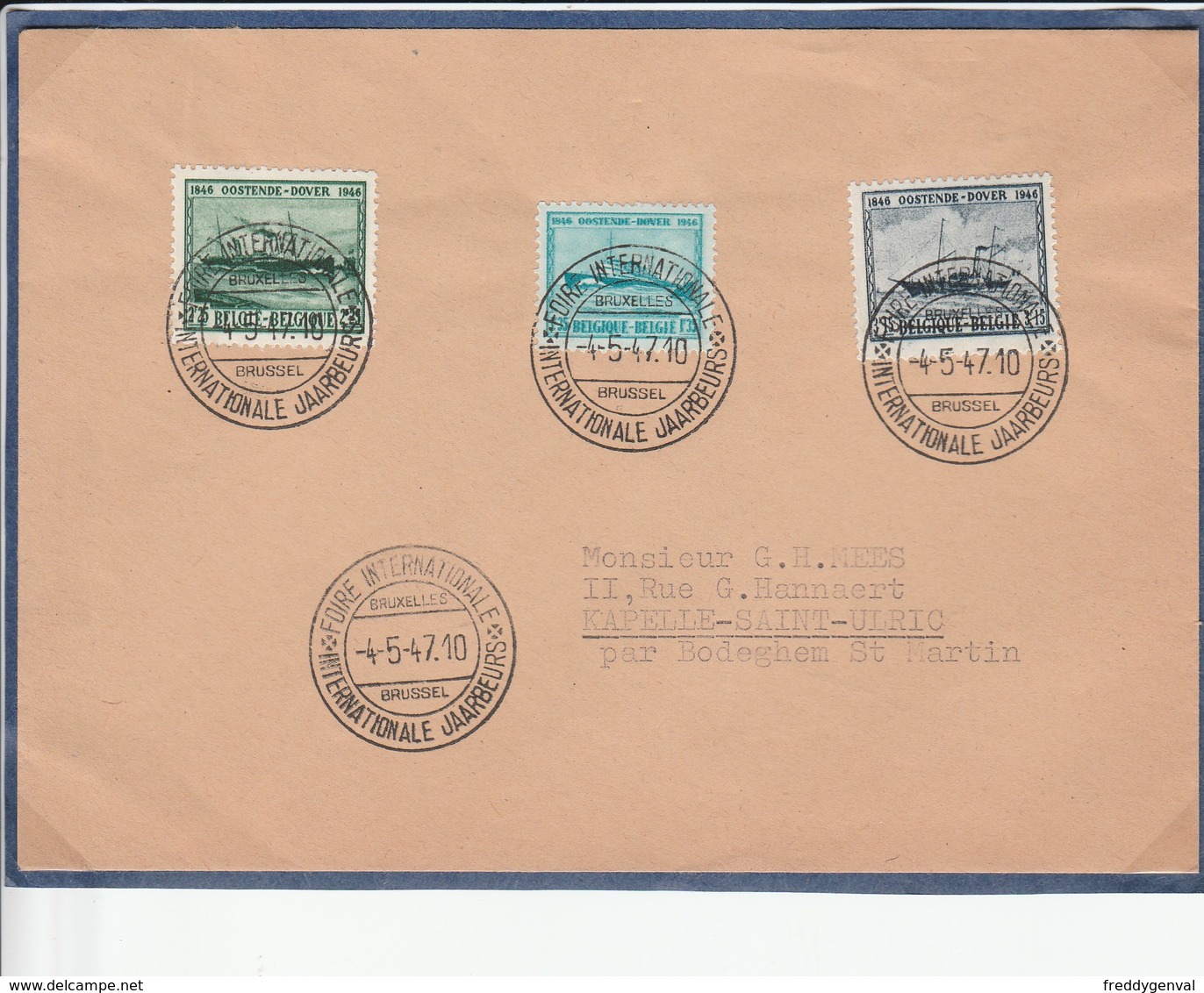 OOSTENDE ENVELOPPE DE 1947 AVEC 3 TIMBRES REPRESENTANT LA MALLE OOSTENDE-DOVER 1946 - Andere & Zonder Classificatie