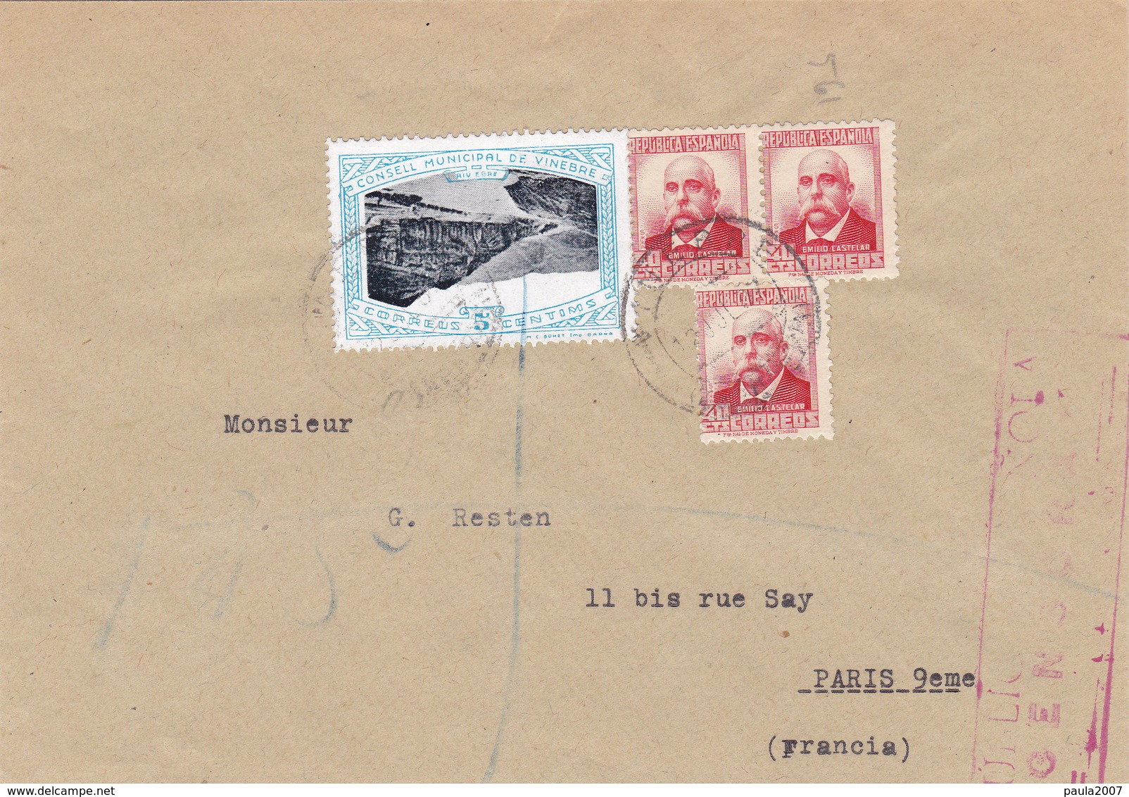 1937 COVER LOCALES VINEBRE - Briefe U. Dokumente