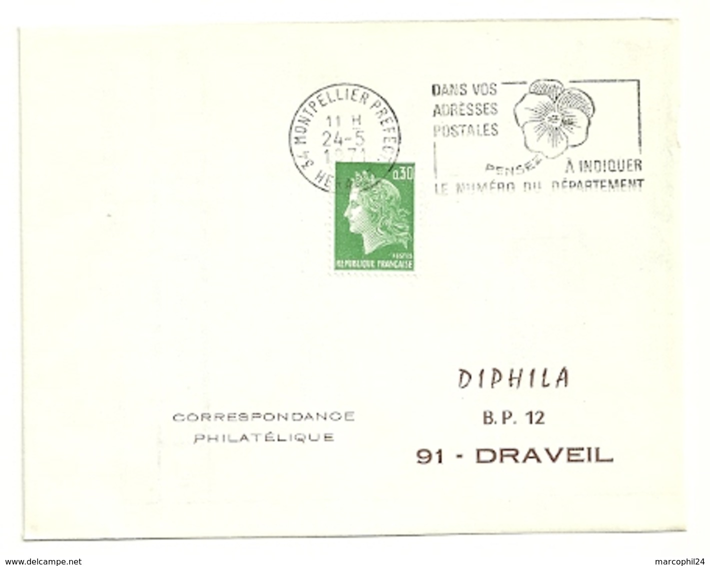 HERAULT - Dépt N° 34 = MONTPELLIER PREFECTURE 1971 = FLAMME Codée à DROITE =  SECAP  ' PENSEZ à INDIQUER' = Pensée N° 2 - Postcode