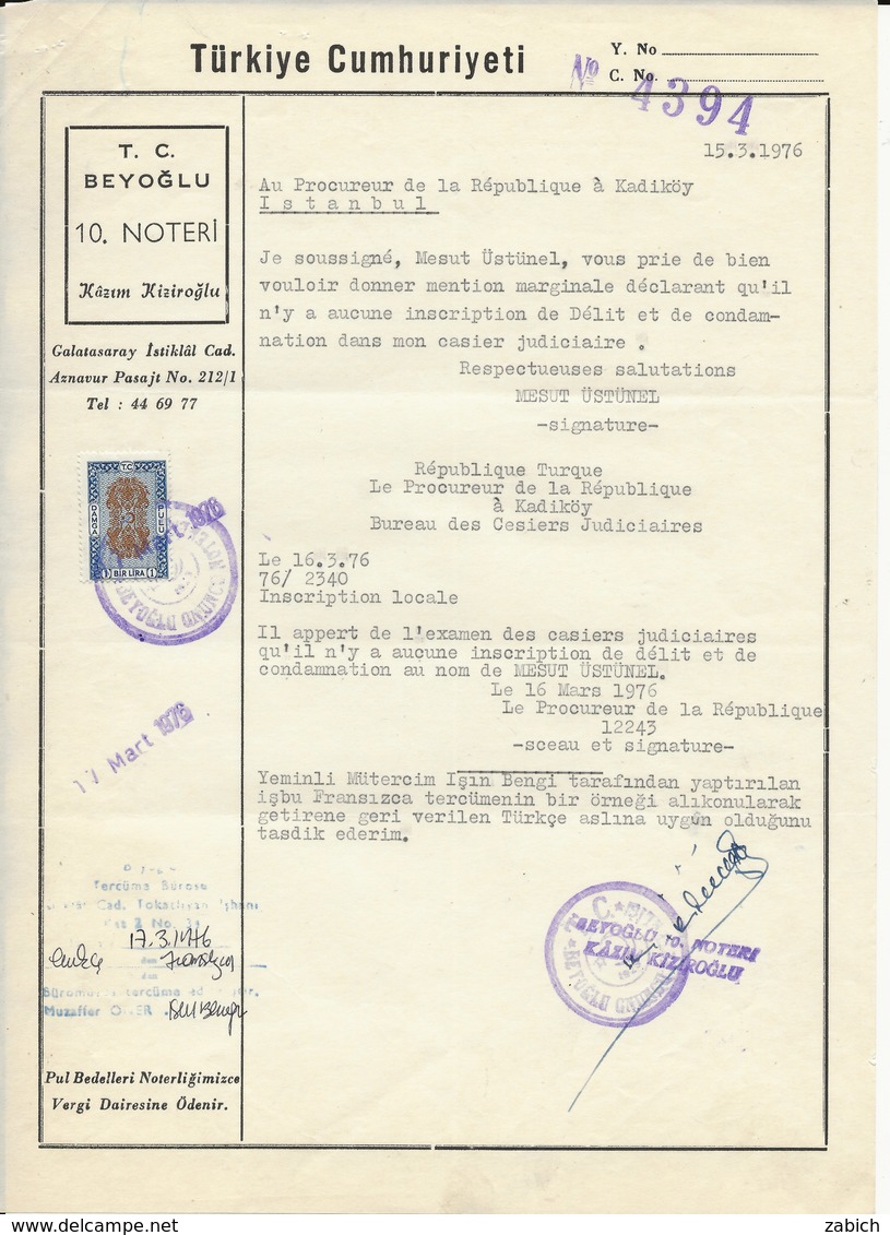 FISCAUX TURQUIE CASIER JUDICIARE 1976 - Other & Unclassified